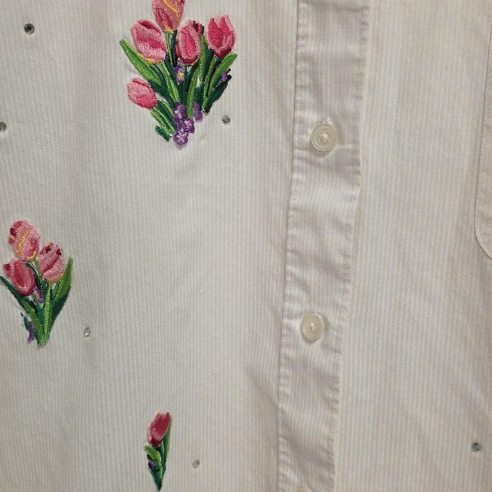 Vintage 90s Erin London button down blouse shirt top white floral large casual - Picture 5 of 10